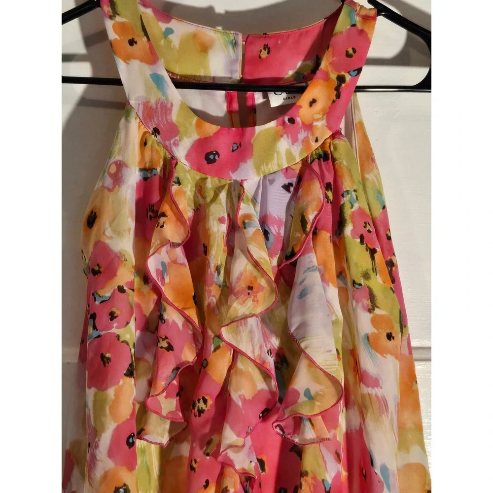 Cato Girl Floral Ruffle Halter Blouse Pink Orange Green Watercolor Top Size 8/10 - Picture 2 of 4
